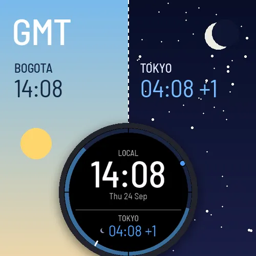 GMT Watch Face - Two Time Zones, Dual Time